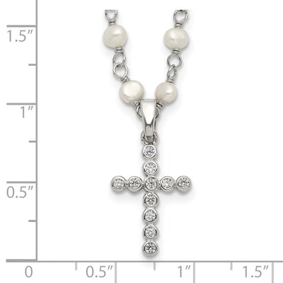 Sterling Silver Rhodium-plated White Near-Round Freshwater Cultured Pearl and CZ Cross Necklace