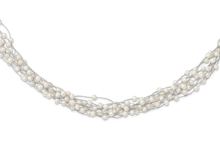 Sterling Silver Rhodium-plated 6- White Semi-Round Freshwater Cultured Pearl Multi Strand Necklace