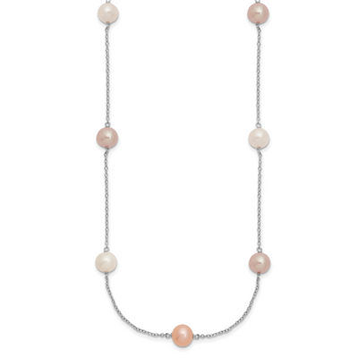 Sterling Silver Rhodium-plated White, Pink and Purple Semi-Round Freshwater Cultured Pearl 3-Station Necklace