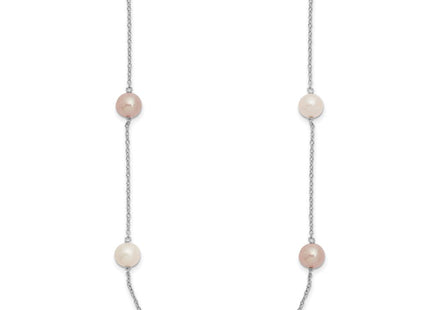 Sterling Silver Rhodium-plated 7- White, Pink and Purple Near-Round Freshwater Cultured Pearl 9-Station Necklace (Style QH5419-18)