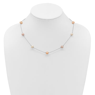 Sterling Silver Rhodium-plated White, Pink and Purple Semi-Round Freshwater Cultured Pearl 3-Station Necklace