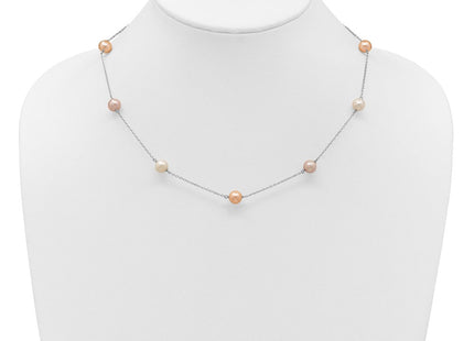 Sterling Silver Rhodium-plated 7- White, Pink and Purple Near-Round Freshwater Cultured Pearl 9-Station Necklace (Style QH5419-18)