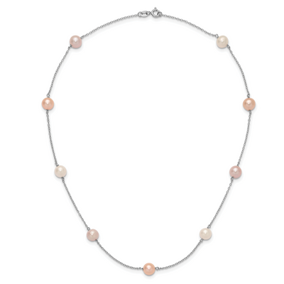 Sterling Silver Rhodium-plated White, Pink and Purple Semi-Round Freshwater Cultured Pearl 3-Station Necklace