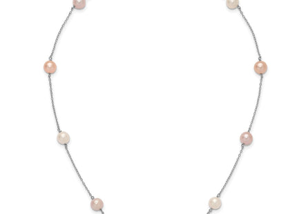Sterling Silver Rhodium-plated 7- White, Pink and Purple Near-Round Freshwater Cultured Pearl 9-Station Necklace (Style QH5419-18)