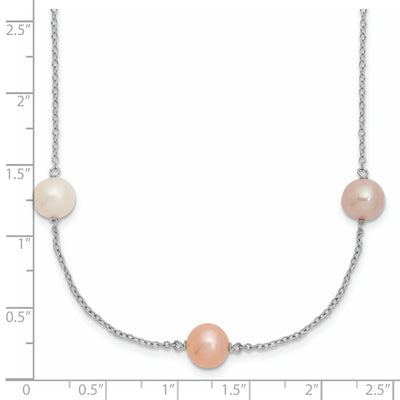 Sterling Silver Rhodium-plated White, Pink and Purple Semi-Round Freshwater Cultured Pearl 3-Station Necklace