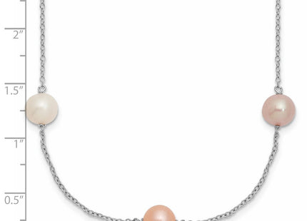 Sterling Silver Rhodium-plated 7- White, Pink and Purple Near-Round Freshwater Cultured Pearl 9-Station Necklace (Style QH5419-18)