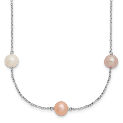 Sterling Silver Rhodium-plated White, Pink and Purple Semi-Round Freshwater Cultured Pearl 3-Station Necklace