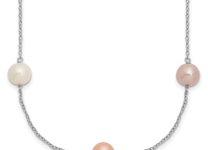 Sterling Silver Rhodium-plated 7- White, Pink and Purple Near-Round Freshwater Cultured Pearl 9-Station Necklace (Style QH5419-18)