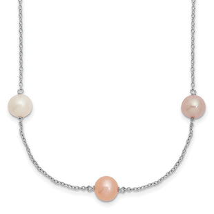 Sterling Silver Rhodium-plated 7- White, Pink and Purple Near-Round Freshwater Cultured Pearl 9-Station Necklace (Style QH5419-18)