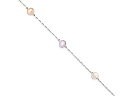 Sterling Silver Rhodium-plated 7- White, Pink and Purple Semi-Round Freshwater Cultured Pearl 3-Station 7. Necklace