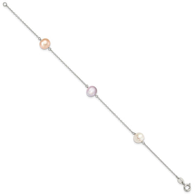 Sterling Silver Rhodium-plated White, Pink and Purple Semi-Round Freshwater Cultured Pearl 3-Station Necklace