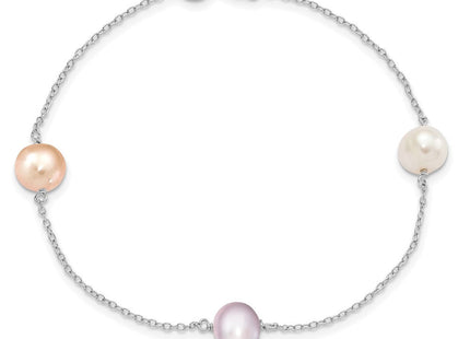 Sterling Silver Rhodium-plated 7- White, Pink and Purple Semi-Round Freshwater Cultured Pearl 3-Station 7. Necklace