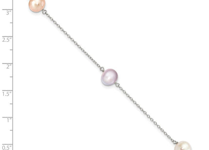 Sterling Silver Rhodium-plated 7- White, Pink and Purple Semi-Round Freshwater Cultured Pearl 3-Station 7. Necklace