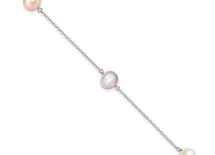 Sterling Silver Rhodium-plated 7- White, Pink and Purple Semi-Round Freshwater Cultured Pearl 3-Station 7. Necklace