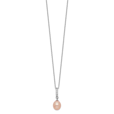 Sterling Silver Rhodium-plated Pink Teardrop Freshwater Cultured Pearl and CZ Necklace