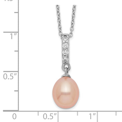 Sterling Silver Rhodium-plated Pink Teardrop Freshwater Cultured Pearl and CZ Necklace
