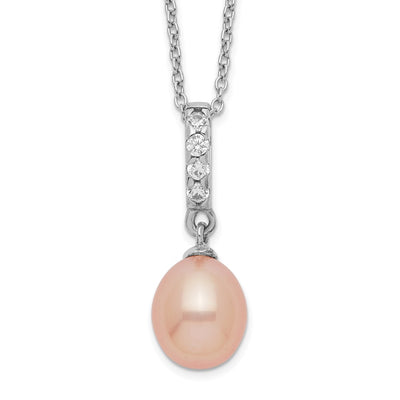 Sterling Silver Rhodium-plated Pink Teardrop Freshwater Cultured Pearl and CZ Necklace