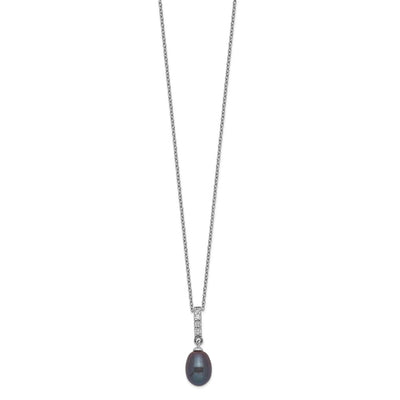 Sterling Silver Rhodium-plated Black Teardrop Freshwater Cultured Pearl and CZ Necklace, 17 x 9mm