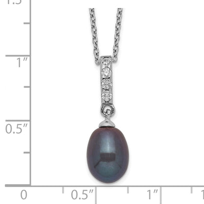 Sterling Silver Rhodium-plated Black Teardrop Freshwater Cultured Pearl and CZ Necklace, 17 x 9mm