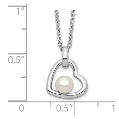 Sterling Silver Rhodium-plated White Button Freshwater Cultured Pearl Heart Necklace