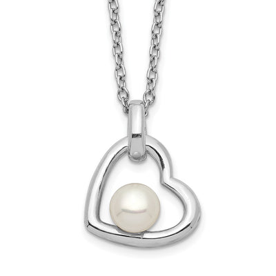 Sterling Silver Rhodium-plated White Button Freshwater Cultured Pearl Heart Necklace