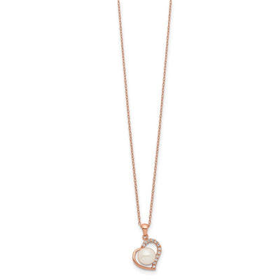 Sterling Silver Rose-tone 18K Flash Gold-plated Button Freshwater Cultured Pearl Heart Necklace