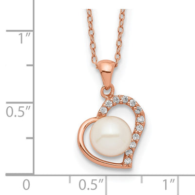 Sterling Silver Rose-tone 18K Flash Gold-plated Button Freshwater Cultured Pearl Heart Necklace