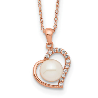 Sterling Silver Rose-tone 18K Flash Gold-plated Button Freshwater Cultured Pearl Heart Necklace