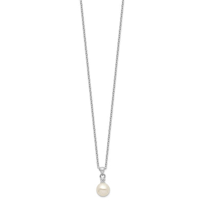 Sterling Silver Rhodium-plated White Button Freshwater Cultured Pearl and CZ Necklace, 17 x 7mm