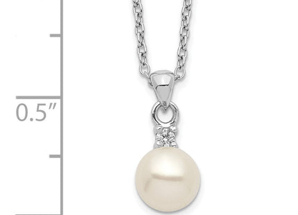 Sterling Silver Rhodium-plated 6- White Button Freshwater Cultured Pearl and CZ Necklace (Style QH5504-17)
