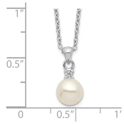 Sterling Silver Rhodium-plated White Button Freshwater Cultured Pearl and CZ Necklace, 17 x 7mm