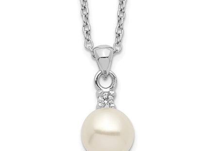Sterling Silver Rhodium-plated 6- White Button Freshwater Cultured Pearl and CZ Necklace (Style QH5504-17)