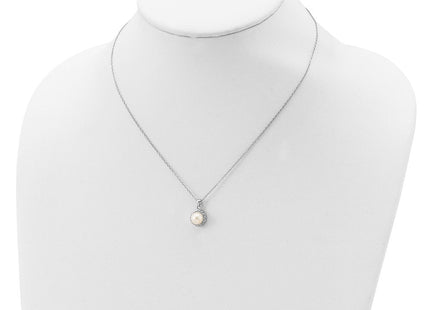 Sterling Silver Rhodium-plated 7- White Button Freshwater Cultured Pearl and CZ Necklace (Style QH5505-17)