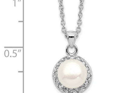 Sterling Silver Rhodium-plated 7- White Button Freshwater Cultured Pearl and CZ Necklace (Style QH5505-17)