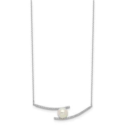 Sterling Silver Rhodium-plated White Button Freshwater Cultured Pearl and CZ Necklace, 17 x 9.2mm