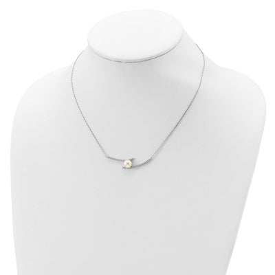 Sterling Silver Rhodium-plated White Button Freshwater Cultured Pearl and CZ Necklace, 17 x 9.2mm