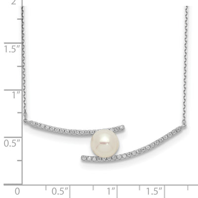 Sterling Silver Rhodium-plated White Button Freshwater Cultured Pearl and CZ Necklace, 17 x 9.2mm