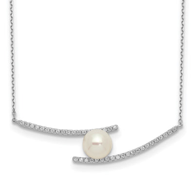 Sterling Silver Rhodium-plated White Button Freshwater Cultured Pearl and CZ Necklace, 17 x 9.2mm