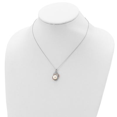Sterling Silver Rhodium-plated Rose-tone 18K Flash Gold-plated White Button Freshwater Cultured Pearl and CZ Necklace