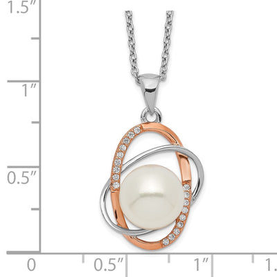Sterling Silver Rhodium-plated Rose-tone 18K Flash Gold-plated White Button Freshwater Cultured Pearl and CZ Necklace