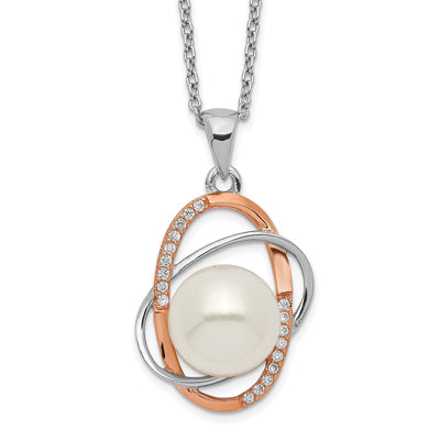 Sterling Silver Rhodium-plated Rose-tone 18K Flash Gold-plated White Button Freshwater Cultured Pearl and CZ Necklace