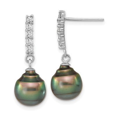Sterling Silver Rhodium-plated Black Teardrop Tahitian Saltwater Pearl and CZ Necklace and Post Dangle Earrings Set