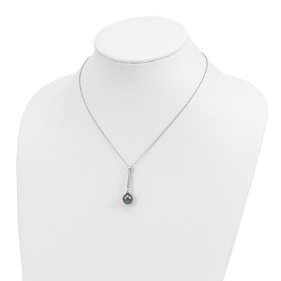 Sterling Silver Rhodium-plated Black Teardrop Tahitian Saltwater Pearl and CZ Necklace and Post Dangle Earrings Set