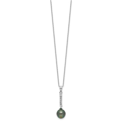Sterling Silver Rhodium-plated Black Teardrop Tahitian Saltwater Pearl and CZ Necklace and Post Dangle Earrings Set