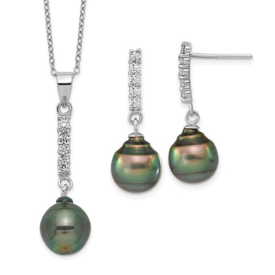 Sterling Silver Rhodium-plated Black Teardrop Tahitian Saltwater Pearl and CZ Necklace and Post Dangle Earrings Set