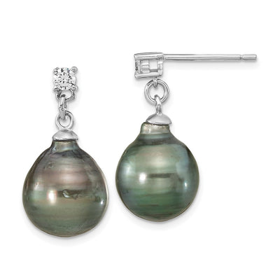 Sterling Silver Rhodium-plated Black Teardrop Tahitian Saltwater Cultured Pearl and CZ Necklace and Post Dangle Earrings Set