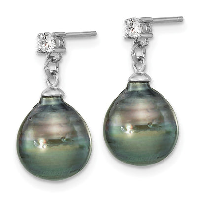 Sterling Silver Rhodium-plated Black Teardrop Tahitian Saltwater Cultured Pearl and CZ Necklace and Post Dangle Earrings Set