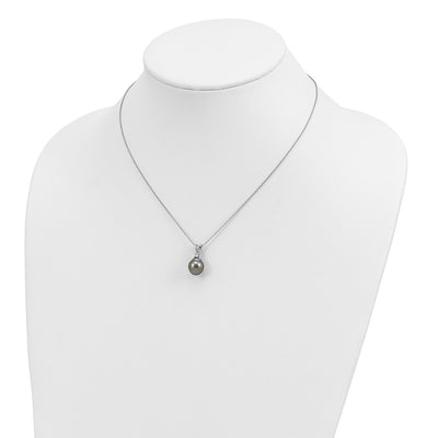 Sterling Silver Rhodium-plated Black Teardrop Tahitian Saltwater Cultured Pearl and CZ Necklace and Post Dangle Earrings Set