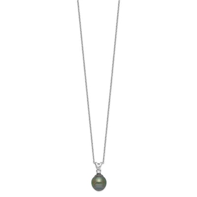 Sterling Silver Rhodium-plated Black Teardrop Tahitian Saltwater Cultured Pearl and CZ Necklace and Post Dangle Earrings Set