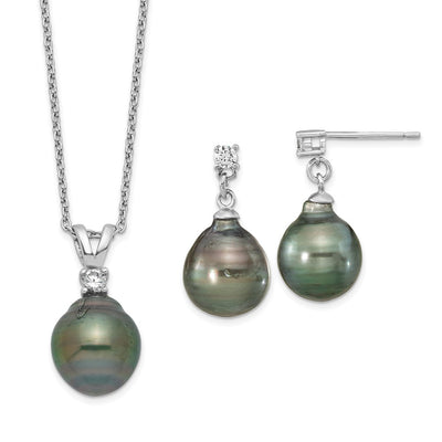 Sterling Silver Rhodium-plated Black Teardrop Tahitian Saltwater Cultured Pearl and CZ Necklace and Post Dangle Earrings Set
